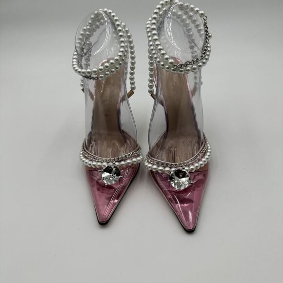 Mach & Mach Pink Crystals Embellishments Faux Pearls Ankle Straps Pumps Sz 37.5 - Picture 1 of 12